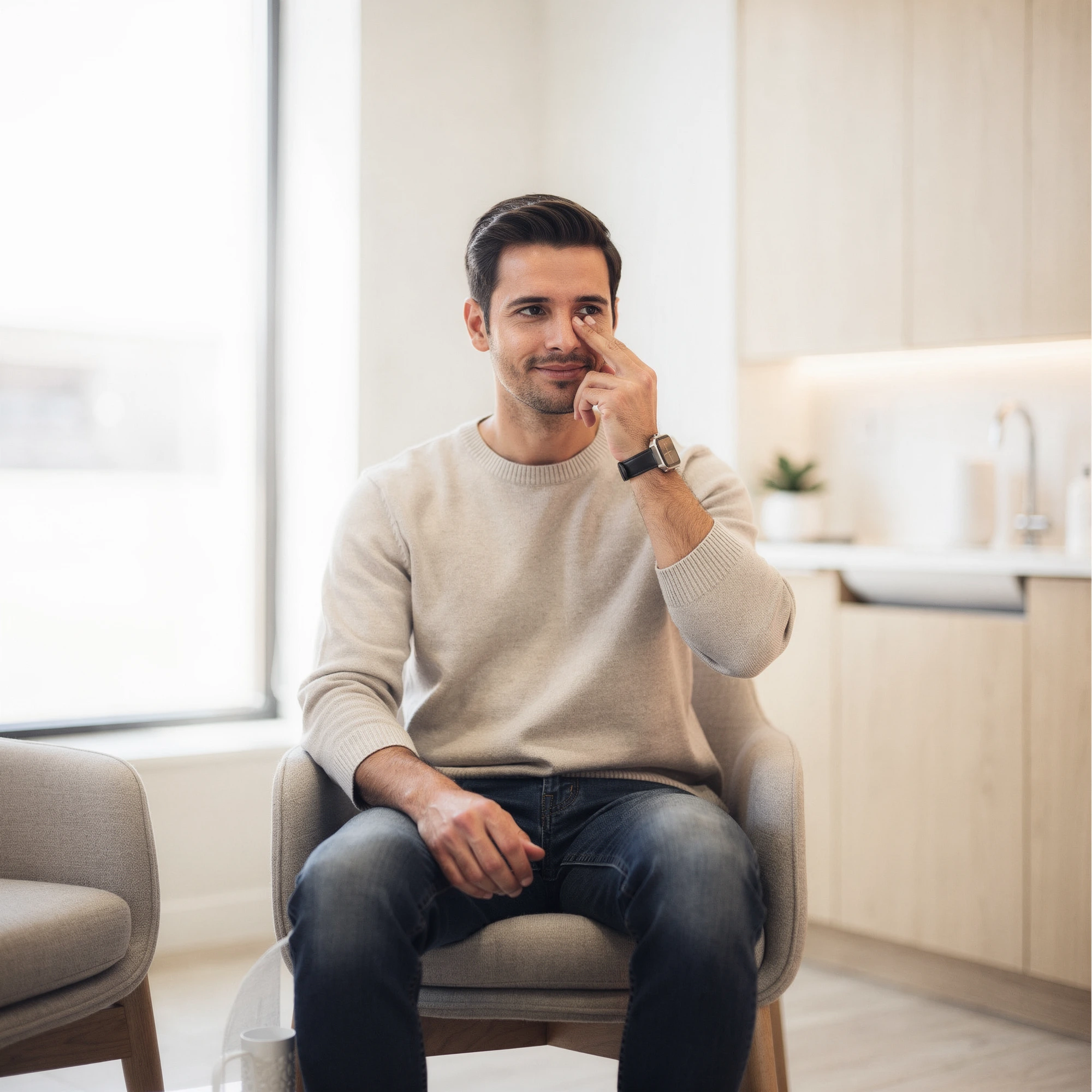 Man touching his nose while sitting in a modern medical office waiting room